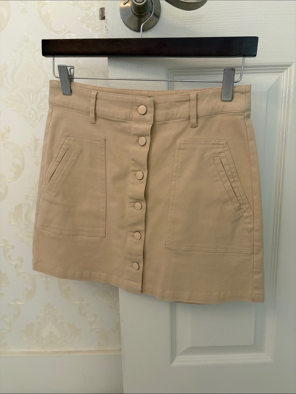 Front-Button A-Line Mini Skirt in Tan